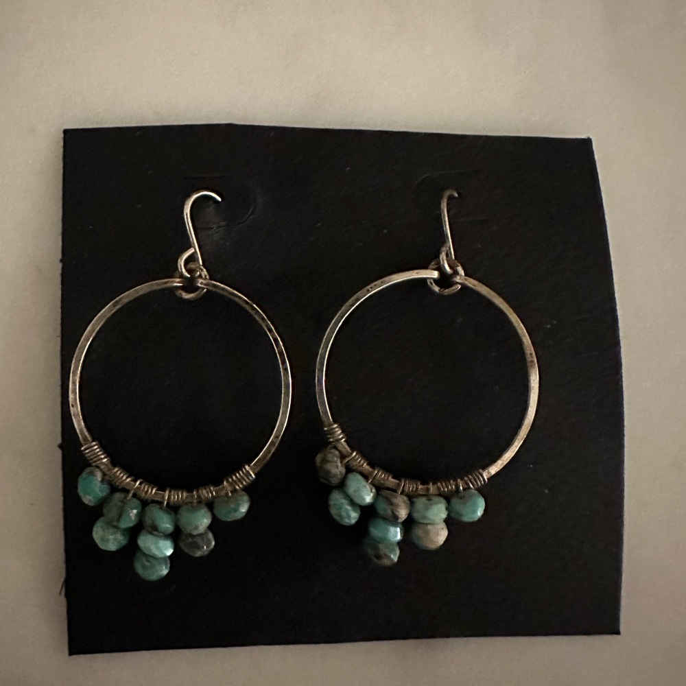 Silver Hoop Earrings with Turquoise Beads